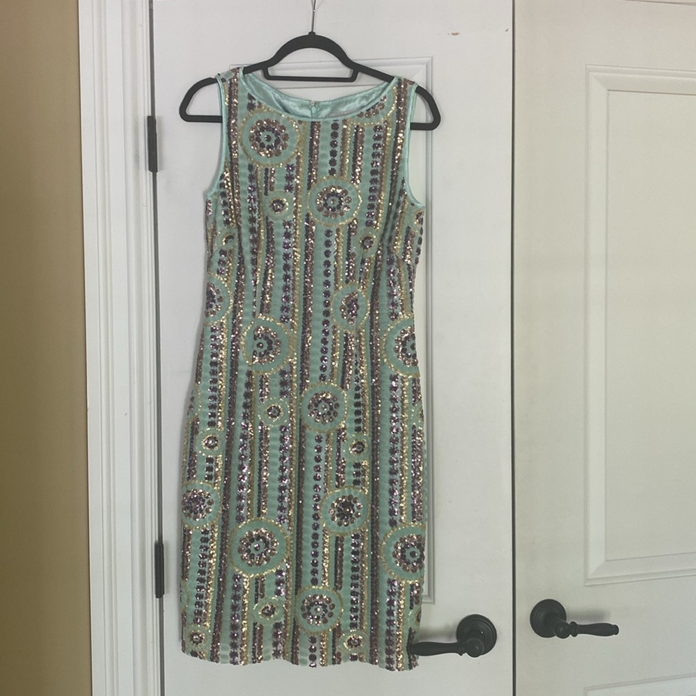 Tahari Teal multicolor sequence sleeveless dress